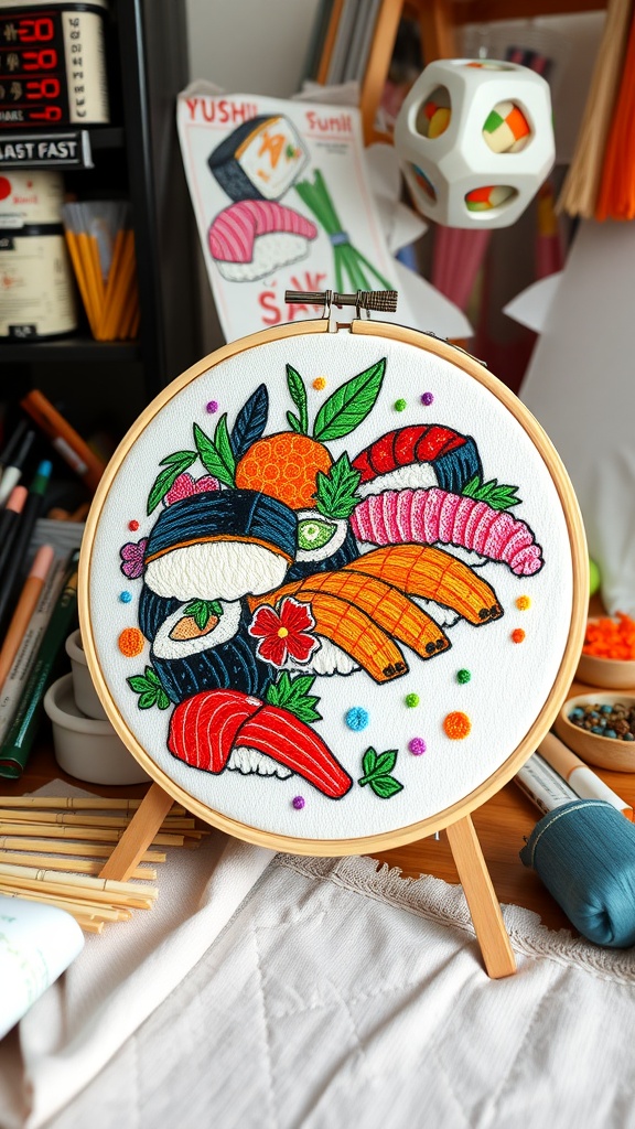 Embroidery hoop with colorful sushi designs, surrounded by stitching materials.